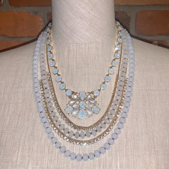 CONVERTIBLE WHITE BEACH & RHINESTONE MULTI-ROW NECKLACE - Picture 1 of 12